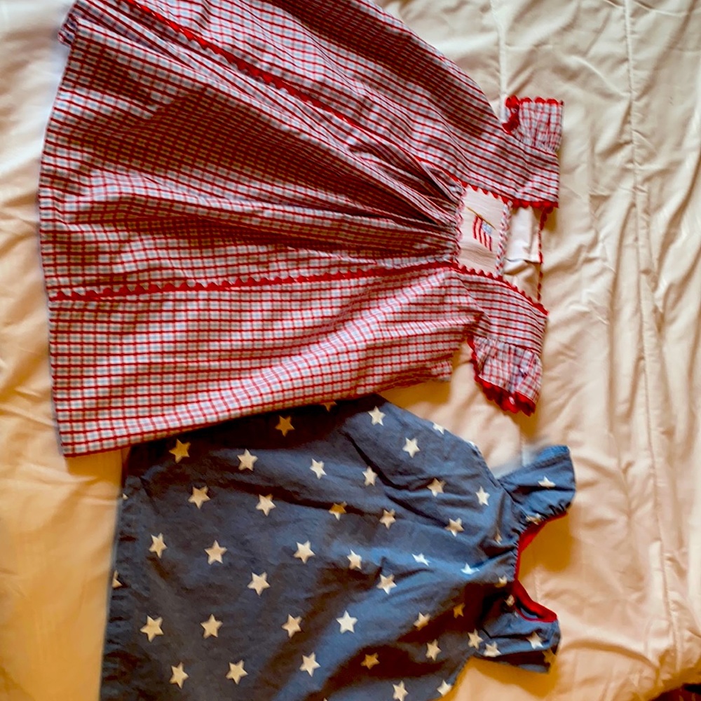 2 red, white, and blue dresses